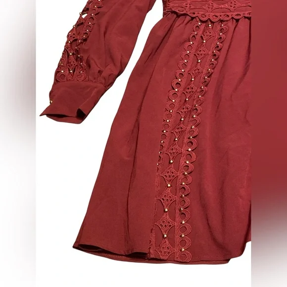 L'ATISTE Deep Red Lace Long Sleeve gold studded Dress - Picture 5 of 8